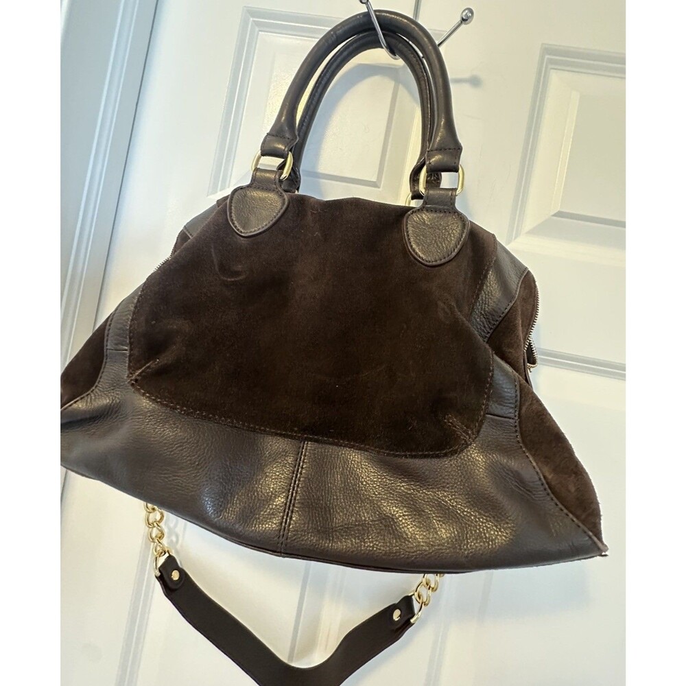 AUDREY BROOKE Brown Suede & Leather Crossbody Satchel Handbag W/ Chain Strap - Picture 3 of 16